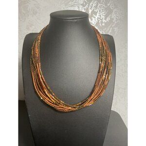 Multi Strand Beaded Necklace Adjustable Clasp Brown Gold Tones